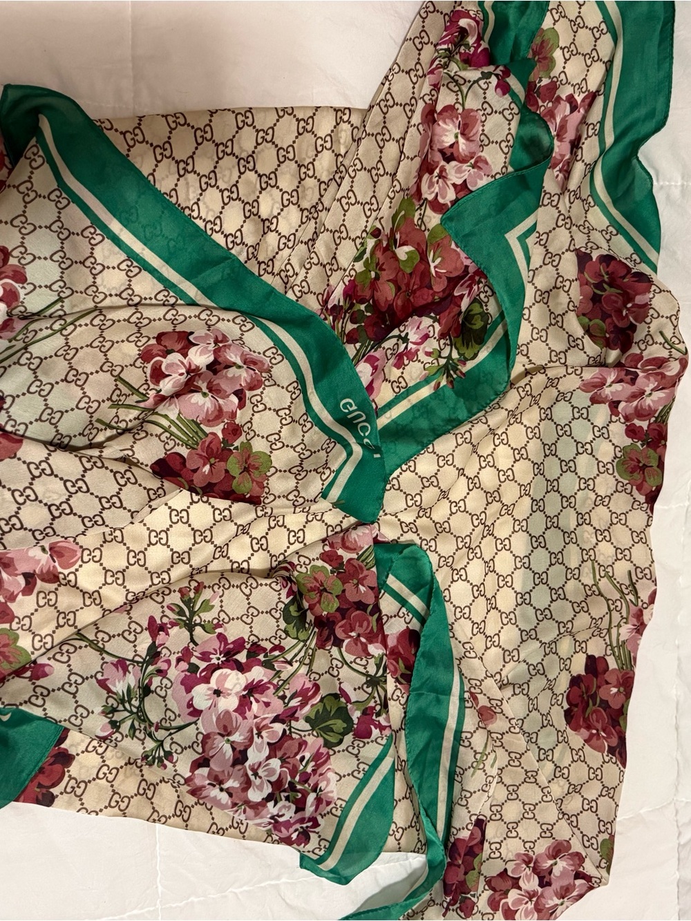 Gucci Floral Monogram Silk Scarf in Green Trim - Picture 7 of 7